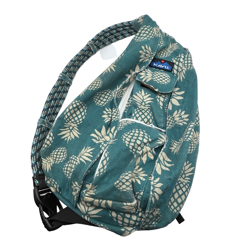 KAVU Canvas Sling Bag Teal Pineapple Express Passion 16" Rope Crossbody Backpack